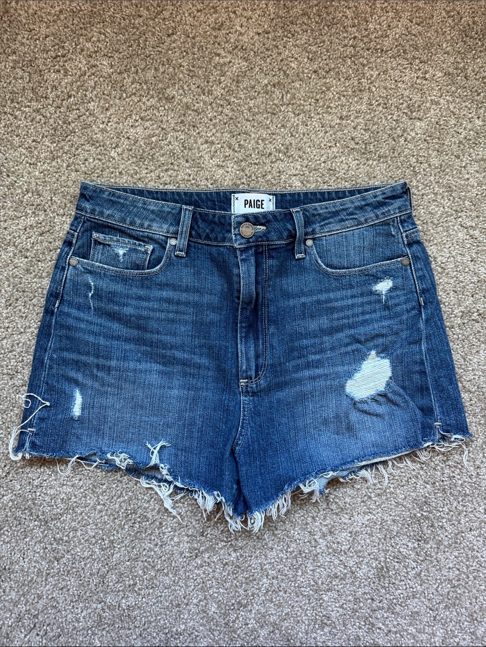 PAIGE Distressed Dark Blue Denim Shorts